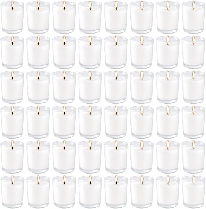 48 Pack White Unscented Clear Glass Filled Votive Candles. Hand Poured Wax Candle Ideal Gifts for Home Décor Parties Weddings Holidays and Meditation (White)