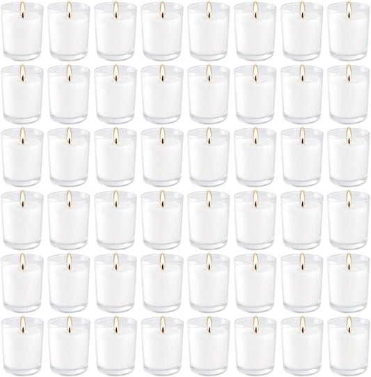 48 Pack White Unscented Clear Glass Filled Votive Candles. Hand Poured Wax Candle Ideal Gifts for Home Décor Parties Weddings Holidays and Meditation (White)
