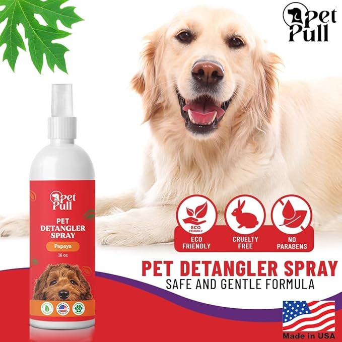 Detangler Spray - Dog Grooming Puppy Detangler Spray to Comb Through Knots, Mats, and Tangles - Detangling Spay for Dogs Pet Papaya Scent - Made in The USA (16 Oz)