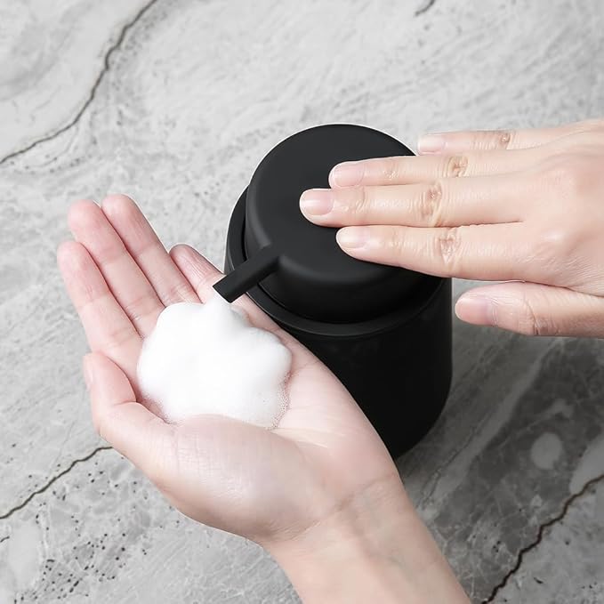 Matte Black Foaming Hand Soap Dispenser Plastic 11 oz - Modern Minimalist Style for Bathroom & Kitchen Countertop Refillable
