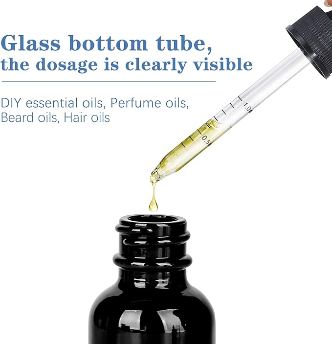2 oz UV Resistant Dropper Bottle 24 Pack Black Glass Boston Bottles 60ml with Eye Droppers Black Caps for Essential Oils, Perfume, Leak Proof Travel Bottles for Liquids