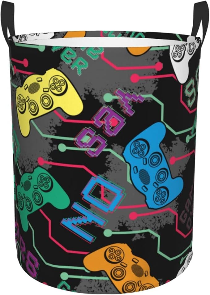 Colorful Game Joysticks Laundry Hamper Bag, Video Game Controller Background Round Laundry Basket Foldable Clothes Storage Organizer For Bathroom Bedroom Nursery Dorm, M-19.6"X 15.7"
