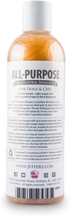 Jeffers Pet All Purpose Coconut Oil Shampoo for Dogs & Cats, 17 fl oz – Tearless, pH Balanced, Soap & Detergent Free Formula – Gentle & Nourishing for Sensitive Skin, Natural, Tearless Formula
