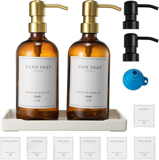 Glass Soap Dispenser for Kitchen, Farmhouse Dish & Hand Soap Dispenser Set, Rustproof Pump Bathroom Soap Lotion Dispenser with Tray, Waterproof Label for Kitchen Decor(Amber