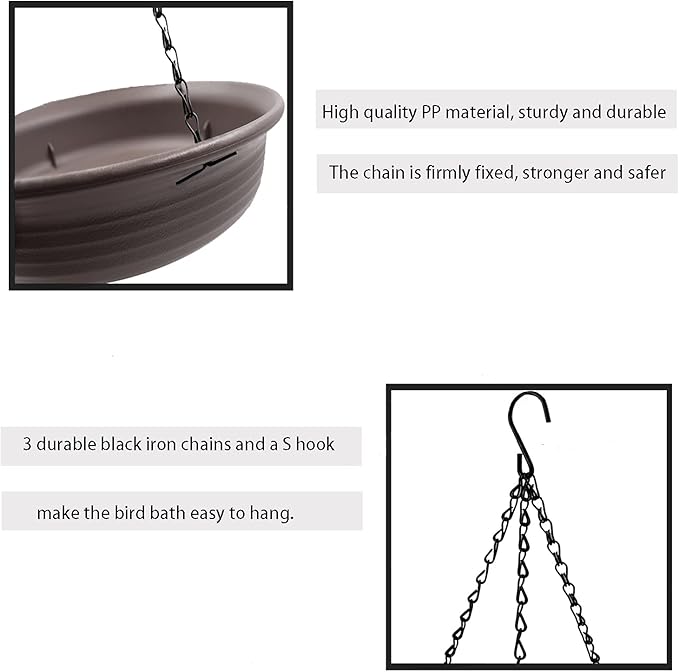 12 Inch Hanging Bird Bath and Feeder With Hook and Chain for Outdoor Garden Yard Patio