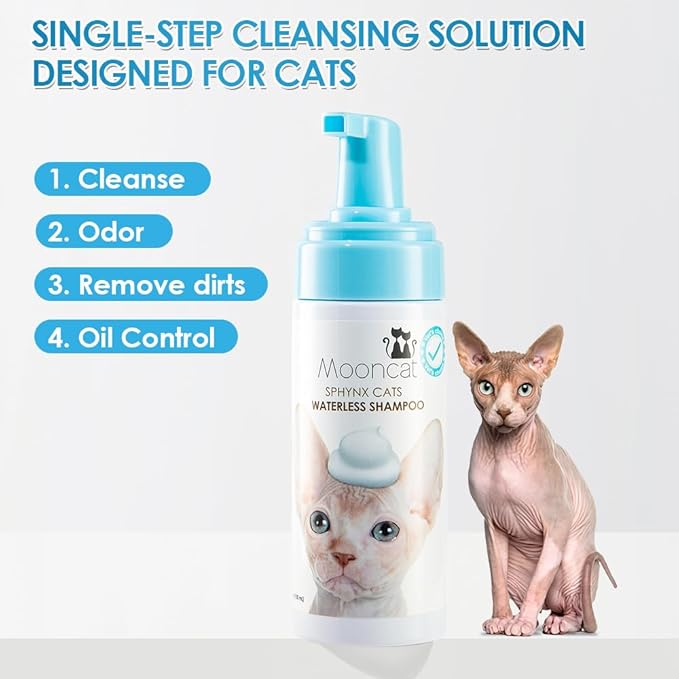 Mooncat Sphynx & Sensitive Cat Grooming Bundle – Waterless No-Rinse Cat Shampoo Foam for Oily Skin (5oz) + Cat Ear Cleaner Finger Wipes (40ct) | Licking Safe, Oil Control, Paraben-Free, pH Balanced |
