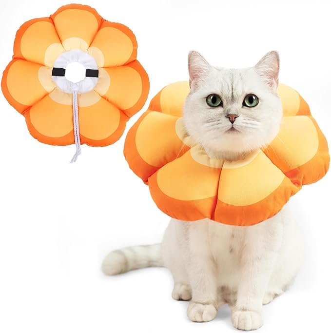 PUPTECK Cat Cone Collar Soft, Adjustable Protective Recovery Flower Collar Alternative, Comfortable Elizabethan Cat Collar Lightweight Stop Licking Neck Cone for Cats After Surgery, Orange, M