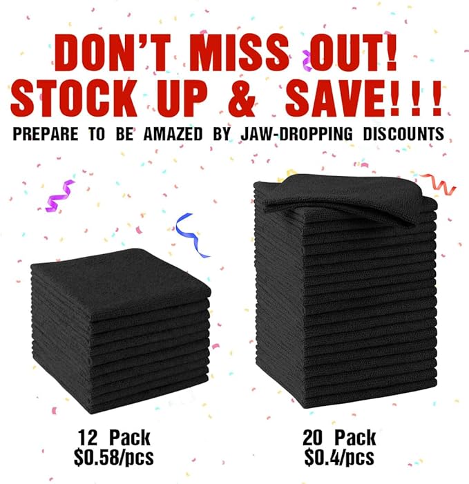 HOMEXCEL Black Microfiber Cleaning Cloths 20 Pack, Highly Absorbent, Lint & Scratch-Free Cleaning Rags for House Kitchen, Microfiber Towels for Car 11.5 x 11.5 inch