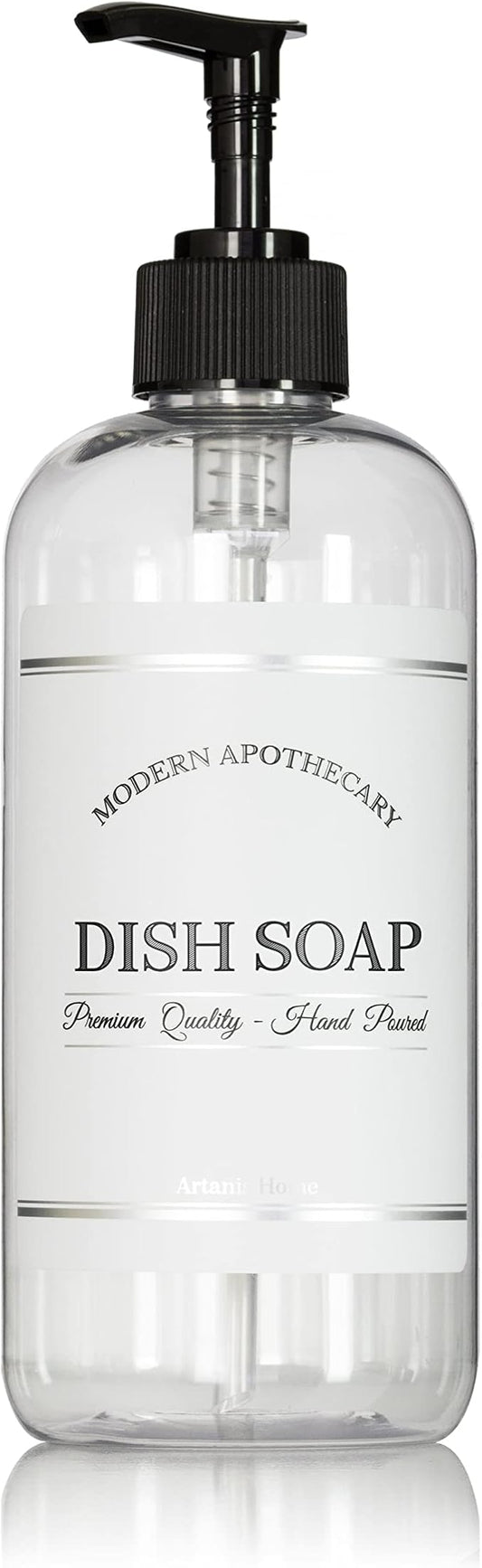 Refillable Clear PET Plastic 16 oz Dish Soap Bottle with Black Plastic Pump Dispenser - Chrome Accent Waterproof Labeled Bottle