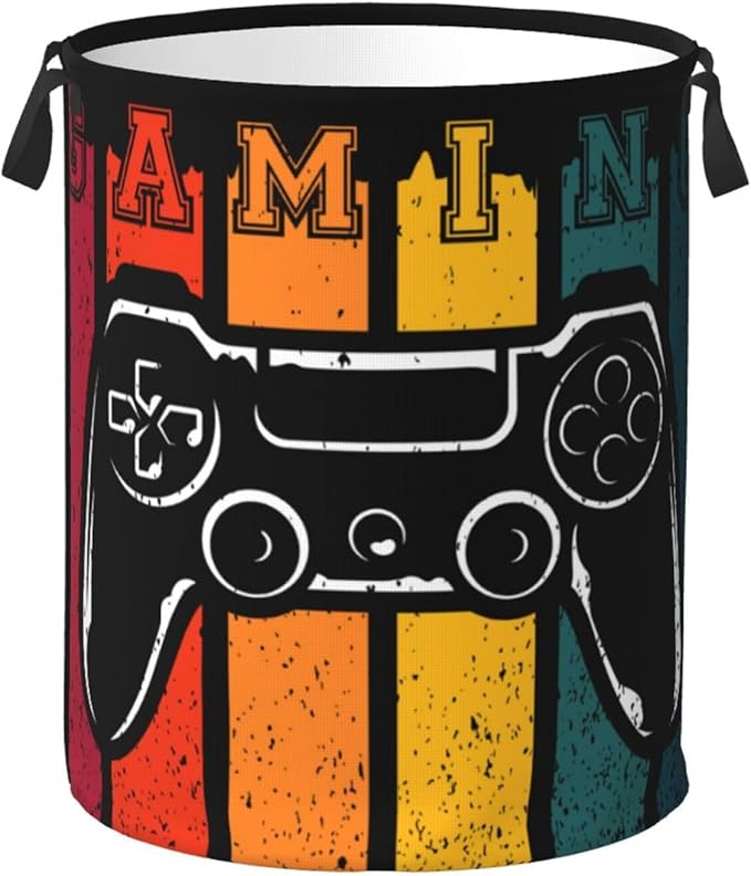 Gaming Laundry Hamper Bag With Waterproof Liner - Game Joystick Retro Style Round Laundry Basket Foldable Clothes Storage Organizer For Bathroom Bedroom Nursery Dorm, M-19.6"X 15.7"