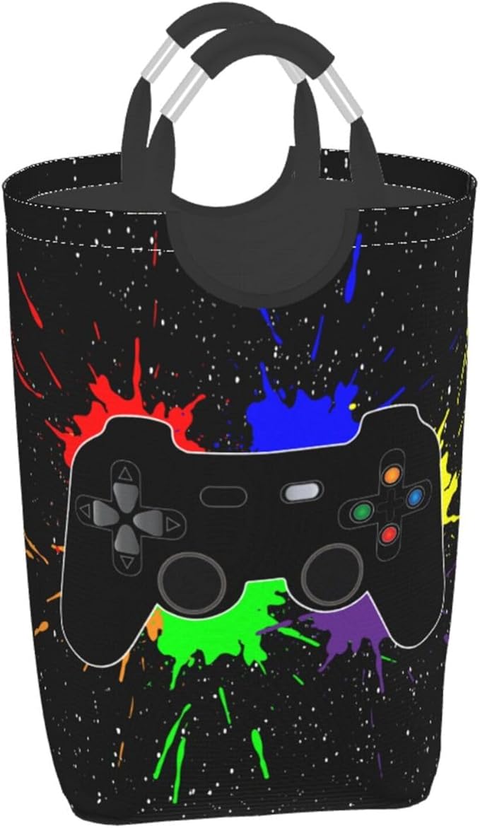 Gaming Joystick Large Laundry Hamper Bag With Waterproof Liner - Video Game Theme Laundry Basket Foldable Clothes Storage Organizer For Bathroom Bedroom Nursery Dorm