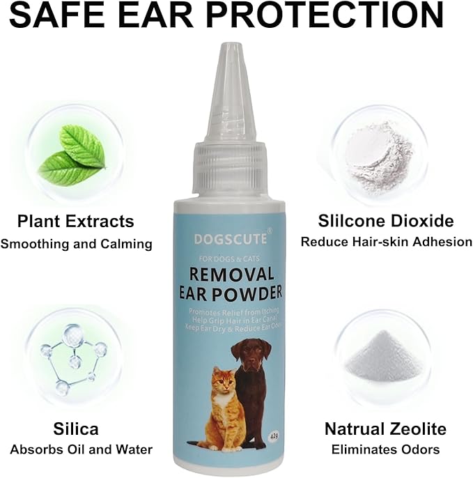 Dog Ear Cleaner, 2 Pack Dog Ear Powder for Hair Removal, Dog Ear Infection Treatment with Pet Ear/Nose Hair Puller Grooming Hemostat, Remove Ear Wax&Odor