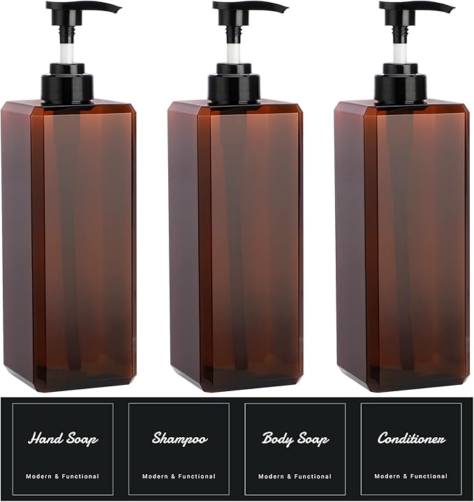 Suream Large Pump Bottles for Shampoo and Conditioner, 3Packs 33.8oz Empty Cosmetic Dispenser with 4PCS Lables, Refillable Shower Press Dispensers for Bathroom, Bedroom, Washroom, Hotel