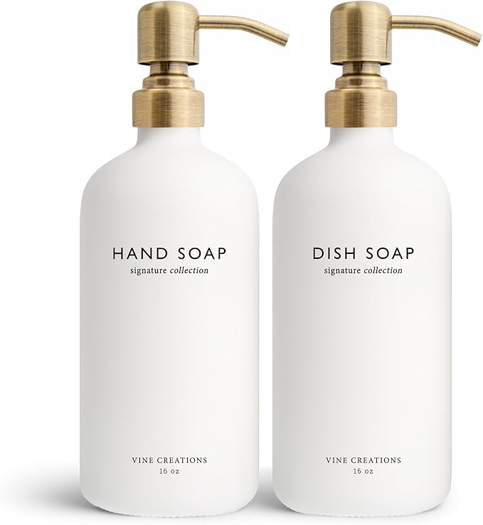 Vine Creations White Glass Soap Dispenser Set, Dish Soap and Hand Soap Dispenser Set with Stainless Steel Pump, 16 oz Glass Dispensers for Kitchen or Bathroom Decor (Matte White Bottle/Brushed Brass)