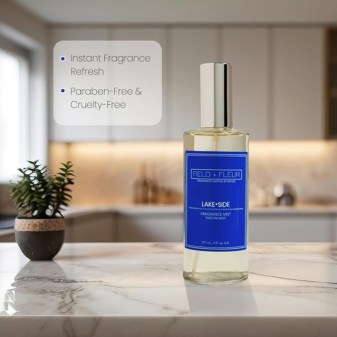 FIELD FLEUR Natural Room and Linen Spray, Non-Toxic Fragrance Mist With scents of amber, aquatic accords, citrus & coconut– Long-Lasting Room Spray for Home, Bedding – Made in USA, 4oz – Lake Side
