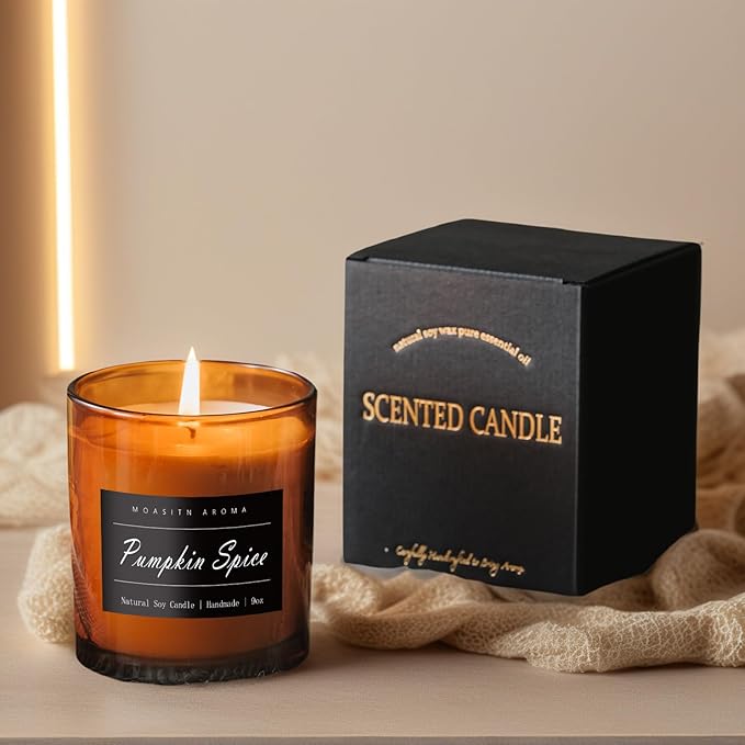 MOASITN Pumpkin Spice Strong Scented Large Luxurious Candles for Home| Organic Soy Fall Candles| Handmade Long Lasting Aromatherapy Jar Candel for Women,Men| as Autumn,Halloween,Relaxing Gifts| 9oz