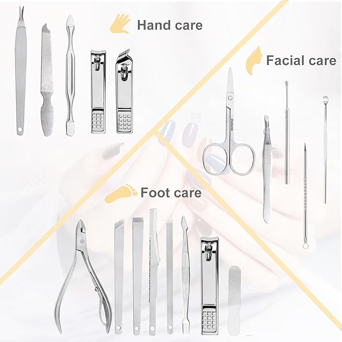 Yougai Nail Clippers set for Men and Womens Gift Manicure Set 18 Pieces Stainless Steel Manicure Kit,Nail Care Tools with Luxurious Travel Case