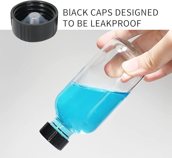 15 Pack Glass Clear Boston Bottles with Black Poly Cone Cap, 4 oz Round Glass Bottle for Essential Oil, Perfume and Liquid, Contains 24 Colored Labels, 2 Funnels, 1 Brush