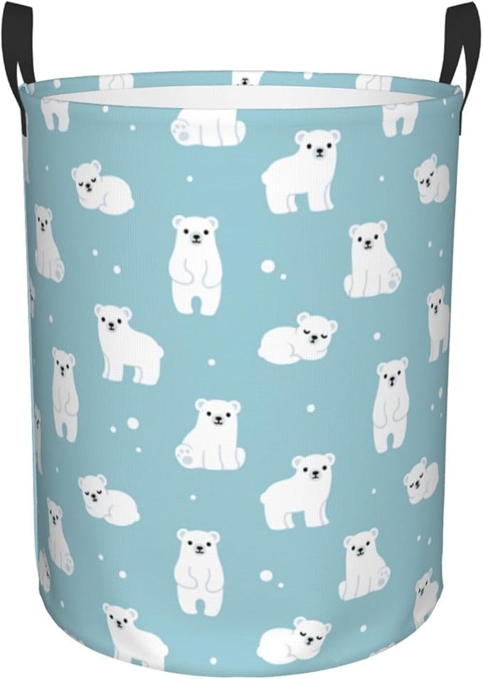 Cute Polar Bears Laundry Hamper Bag With Waterproof Liner - Round Laundry Basket Foldable Clothes Storage Organizer For Bathroom Bedroom Nursery Dorm, M-19.6"X 15.7"