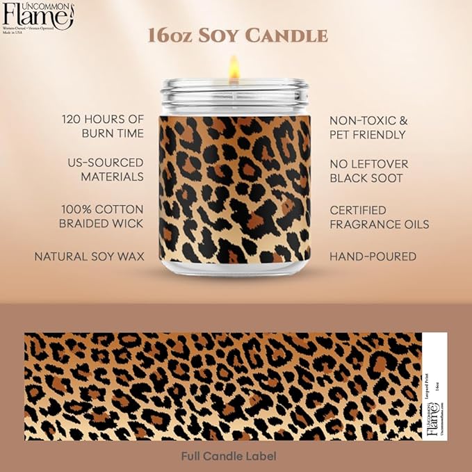 100% Handmade Non-toxic Soy Wax Candle, Warm Woodsy Scent, 120hr Burn, Soot Free, Cotton Wick, 16 oz - Fun Animal Print, Cheetah Design (Leopard Print, Mahogany Teakwood)