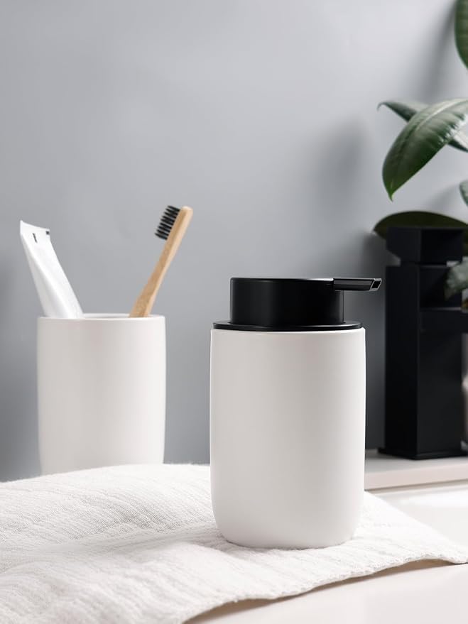 Bosilunlife Soap Dispenser and Toothbrush Holder Set - 11Oz Foam Soap Dispenser Pump Ceramic Bathroom Counter Soap Toothbrush Holder Set White Bathroom Accessories Set