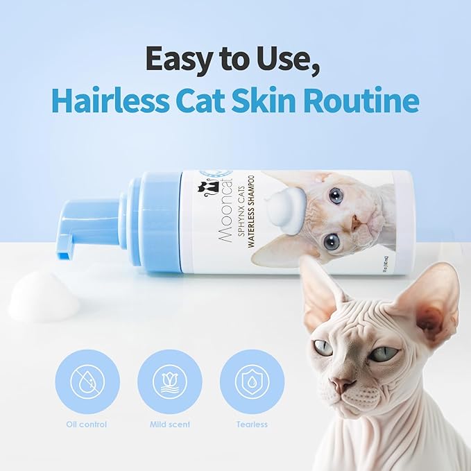 Mooncat Sphynx & Sensitive Cat Grooming Bundle – Waterless No-Rinse Cat Shampoo Foam for Oily Skin (5oz) + Cat Ear Cleaner Finger Wipes (40ct) | Licking Safe, Oil Control, Paraben-Free, pH Balanced |
