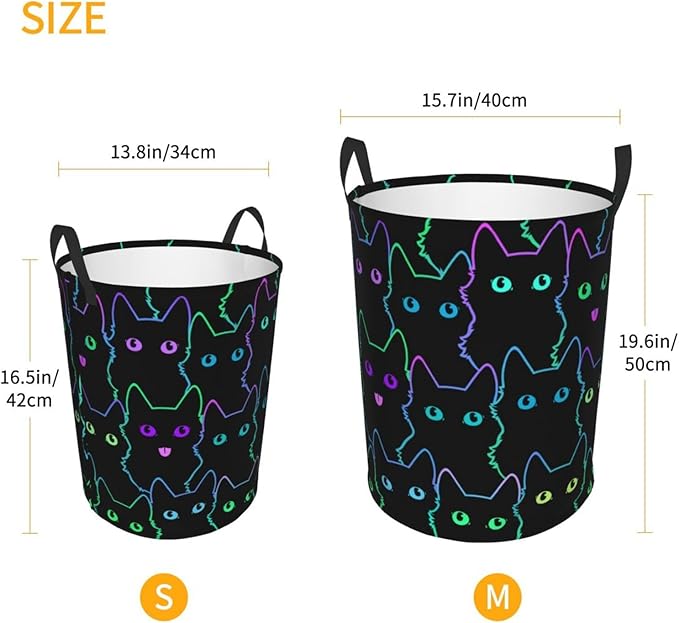 Funny Black Cats Laundry Hamper Bag With Waterproof Liner - Cute Animal Silhouettes Round Laundry Basket Foldable Clothes Storage Organizer For Bathroom Bedroom Nursery Dorm, M-19.6"X 15.7"