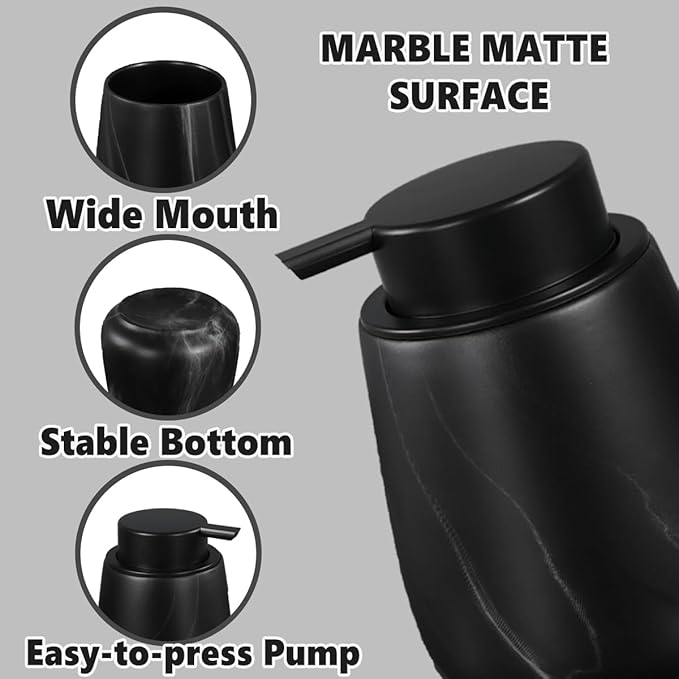 12Oz Foaming Hand Soap Dispenser - Ceramic Bathroom Foam Soap Dispenser with Easy-to-Press Black Pump, Refillable Lotion Hand Soap Dispenser, Dish Soap Dispenser for Kitchen, Marble Black
