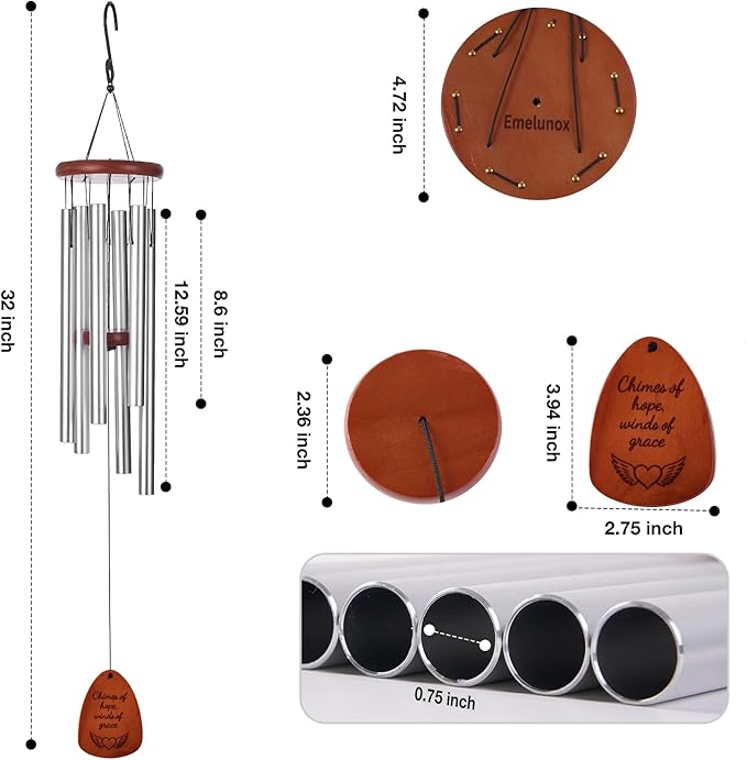 Inspirational Wind Chimes for Outside – Deep Tone Chimes with Wooden Sail | Outdoor Hanging Decor for Patio & Garden | Unique Designs, Healing Gift of Peace & Comfort (Silver, 32 Inch)