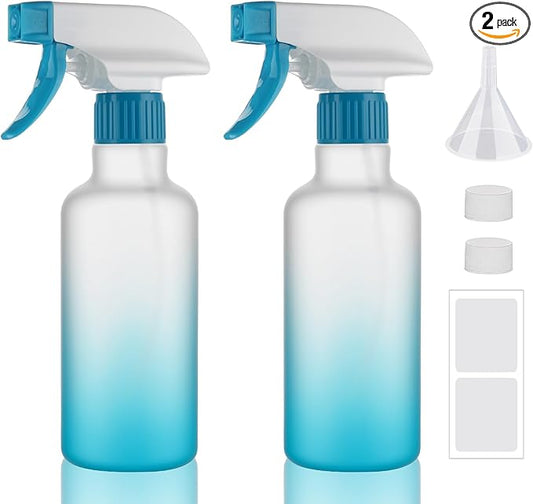 Plastic Spray Bottles 12oz 2 Pack Adjustable Mist/Stream Spraying Heavy Duty Square Water Spray Bottles for Hair, Cleaning Solutions, Plants, Essential Oils (Blue)