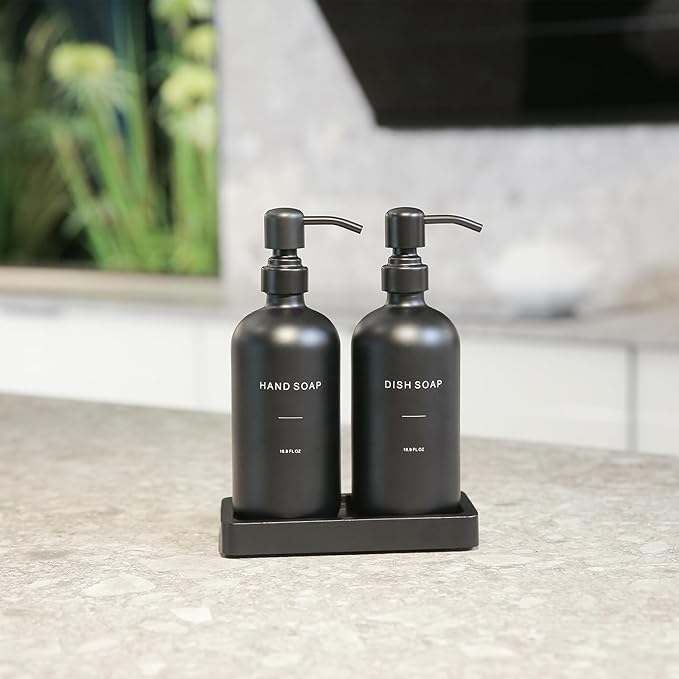 Matte Black Soap Dispenser Set, Kitchen Soap Dispenser Set with Black Stainless Steel Pump, Perfect for Kitchen Decor and Accessories. (Black)