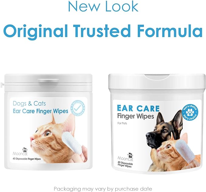 Mooncat Cat & Dog Ear Cleaner Wipes - Gentle Finger Wipes for Ear Infection, Mites, Wax & Odor - Easy & Soothing Itch Relief Cleaning Solution for Sensitive Ears - 40 Finger Wipes