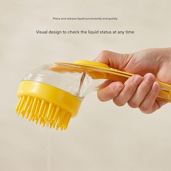 Pets Bath Brush, Soft Silicone Deep Cleaning Scrubber with Built-In Shampoo Dispenser, 2 in 1 Dog Grooming Massage Brush for Dogs Cats (Yellow)