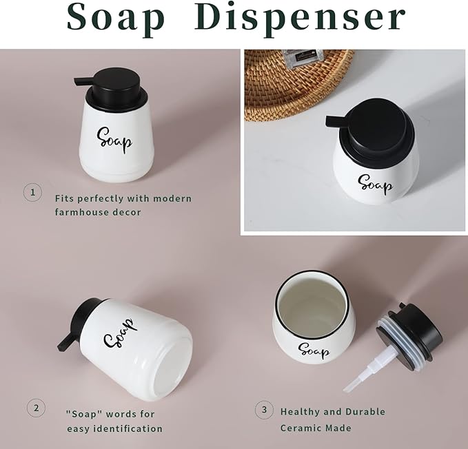 LEETOYI Bathroom Countertop Dispensers Modern Ceramic Soap Lotion Dispenser Bottles, Hand Soap Dispenser for Bathroom, Dish Soap Dispenser for Kitchen, Easy to Press Pump (White, Labeled Soap)