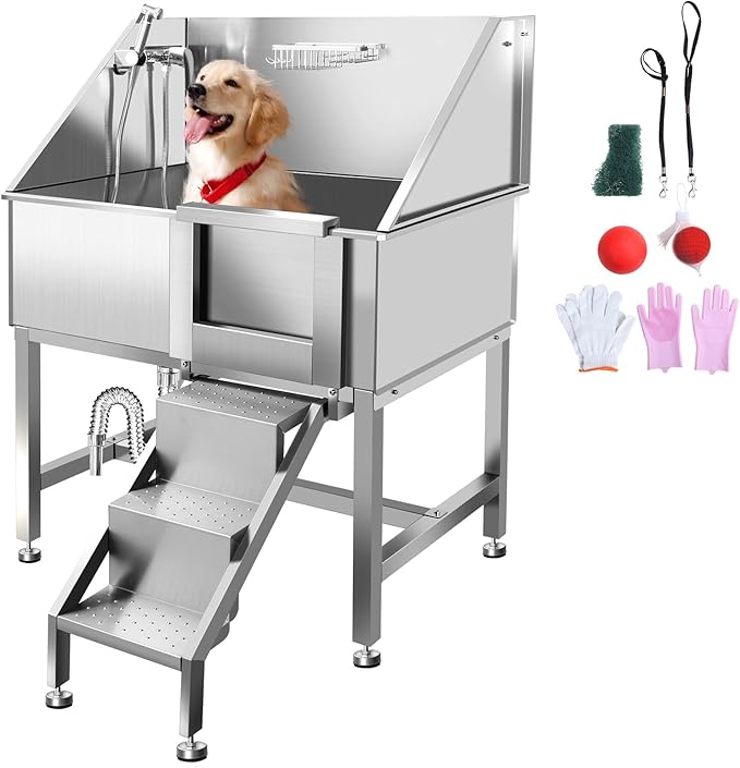 38" Pet Dog Bathing Station W/Ramp, Professional Stainless Steel Dog Grooming Tub W/Soap Box, Faucet, Rich Accessory, Dog Bathtub for Large, Medium, Small Pets, Washing Sink for Home,R-RAMP