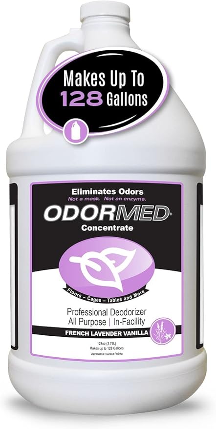 ODORMED Odor Eliminator Concentrate – Pet Odor Eliminator for Strong Odor on Floors, Walls, Cages & More – All-Purpose Carpet Deodorizer w/Safe, Non-Enzymatic Formula (1 Gal, French Lavender Vanilla)