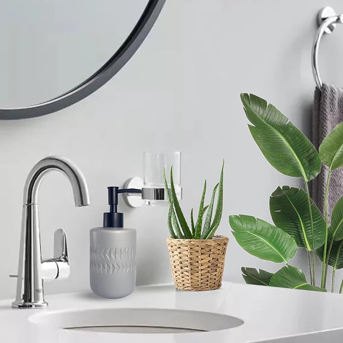 Gray Soap Dispenser with Matte Black Pump for Bathroom,Cylindrical Lotion Dispenser,12oz Ceramic Relief Hand Dish Soap Dispenser,Refillable Liquid Dispenser for Kitchen (Relief Gray)