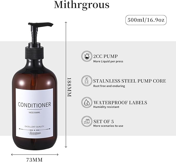 Stylish Shampoo Bottles Refillable with Pump,(5Pack) Amber Shampoo and Conditioner Dispenser,Shampoo Bottles with 8pcs Lables