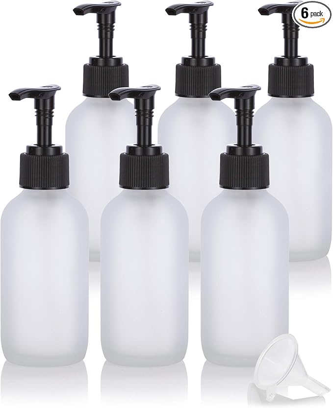 JUVITUS 4 oz Frosted Clear Glass Boston Round Bottle with Black Lotion Pump (6 Pack) + Funnel