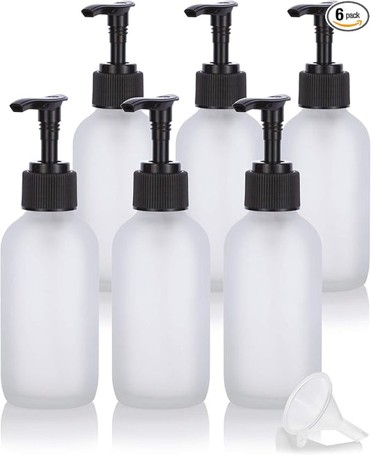 JUVITUS 4 oz Frosted Clear Glass Boston Round Bottle with Black Lotion Pump (6 Pack) + Funnel