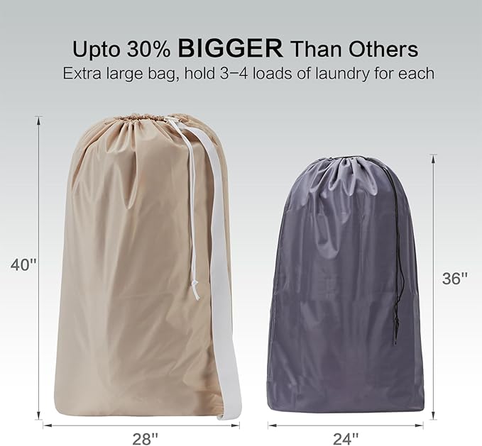 HOMEST 2 Pack XL Nylon Laundry Bag with Strap, Large Dirty Garments Organizer, Easy Fit a Hamper or Clothing Basket, Can Carry Up to 4 Loads of Clothes, Beige