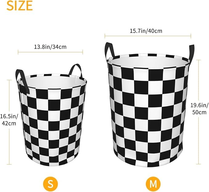 Black And White Plaid Racing Pattern Laundry Hamper Bag With Waterproof Liner - Checkered Race Flag Round Laundry Basket Foldable Clothes Storage Organizer For Bathroom Bedroom Nursery Dorm, S