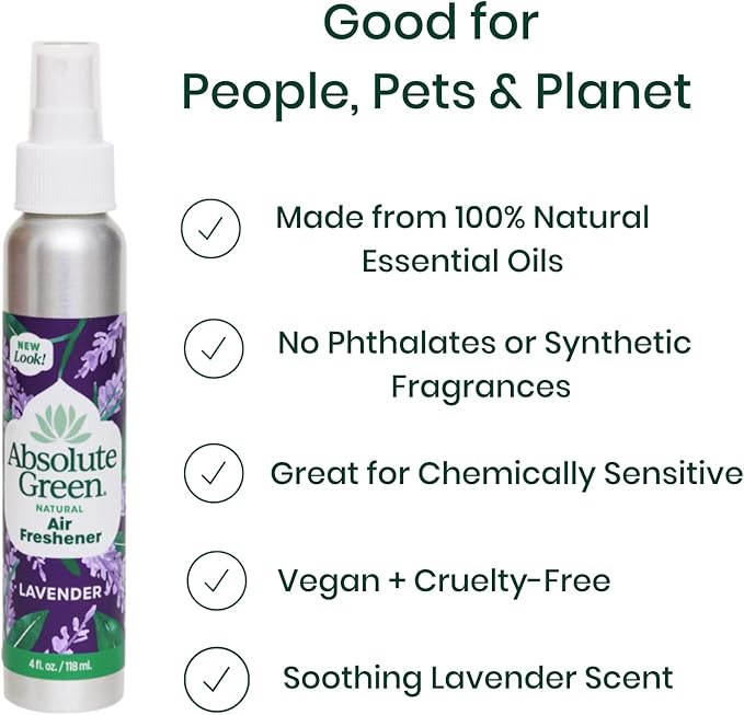 Absolute Green Air Freshener Room Spray, Non-Toxic, Cover Odors, Safe around Kids and Pets, Natural Lavender Scent 4oz (2 Pack)