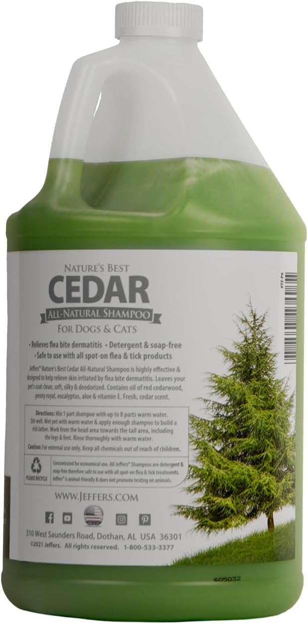 Jeffers Pet Nature's Best Cedar Shampoo for Dogs & Cats – Natural Detergent & Soap Free Formula with Cedarwood Oil, Eucalyptus & Aloe – Moisturizing, Deodorizing, Fresh Coat – 1 Gallon