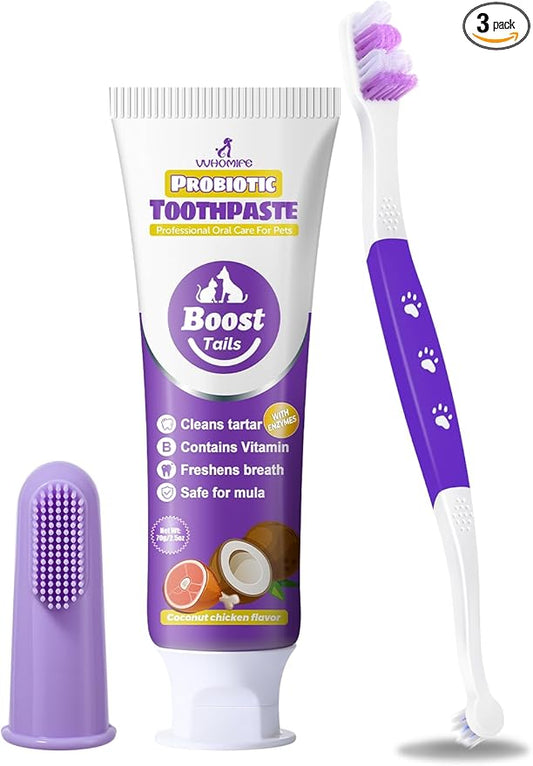 Premium Dog Oral Care Kit - Natural Coconut Chicken Flavored Toothpaste,Dual Head Toothbrush and Finger Toothbrush for Dogs,Plaque Prevention,Tartar Control.2.46oz(Pack of 1)