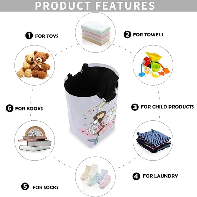 visesunny Unicon Mermaid Rainbow Large Laundry Bag Collapsible Oxford Fabric Laundry Hamper Foldable Portable Dirty Clothes Laundry Basket with Handles Waterproof Washing Bin Laundry Tote Bag
