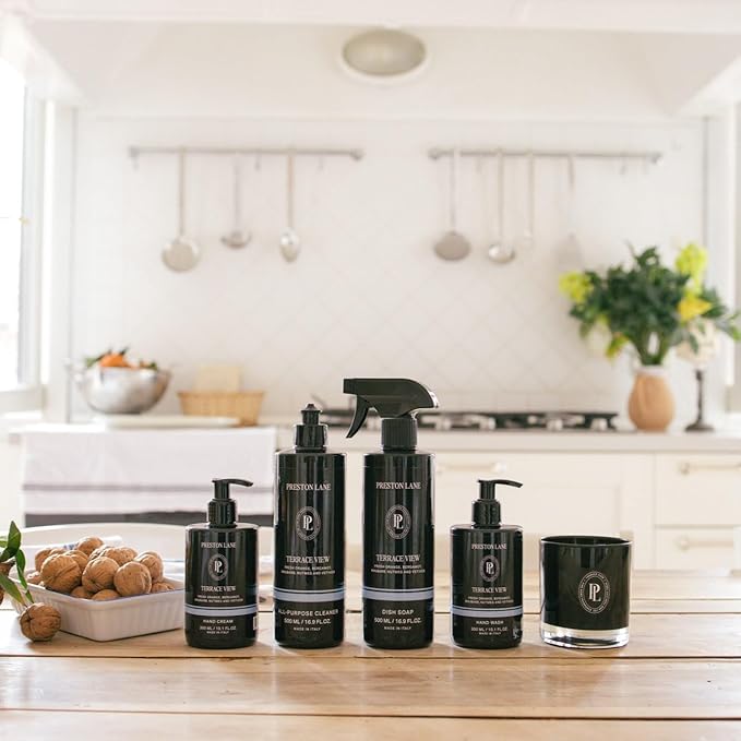 Preston Lane Signature Home Set – All Purpose Cleaner, Dish Soap, Hand Wash, Hand Cream & Scented Candle | Plant-Powered Cleaning & Care Essentials with Fine Italian Fragrance, Terrace View