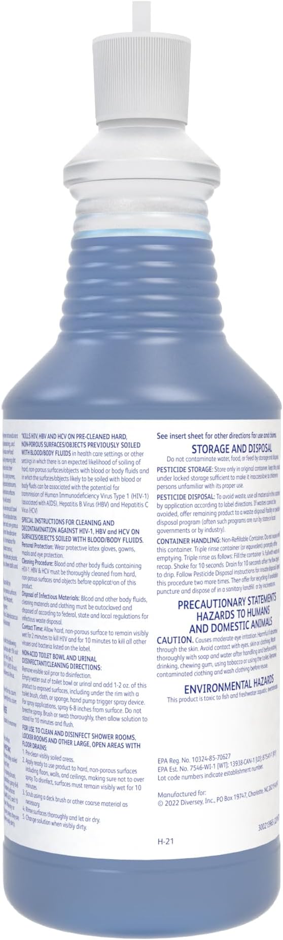 CREW Diversey 100925283 Neutral Non-Acid Bowl & Bathroom Disinfectant, 32 oz Squeeze Bottle, 12/CT