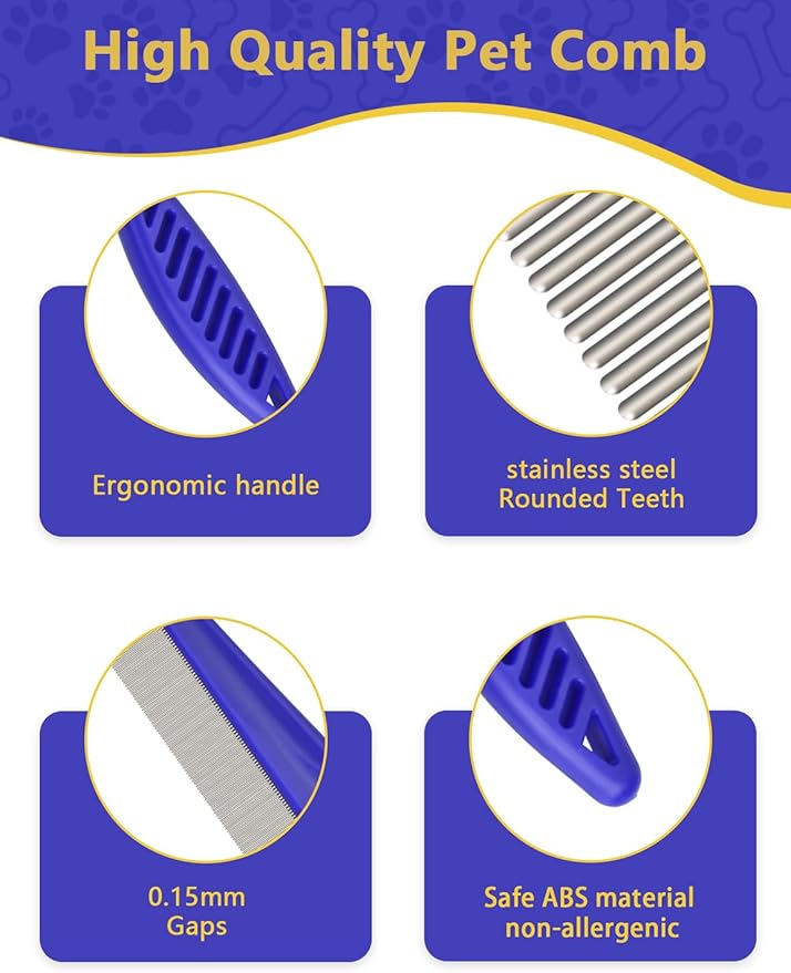 Flea Comb for Cats with Handle, 4 Pcs Flea Brush Tear Stain Comb Grooming Face and Matted Hair Paws Pet Lice Comb for Small, Medium & Large Cat Dog Kitten Rabbit