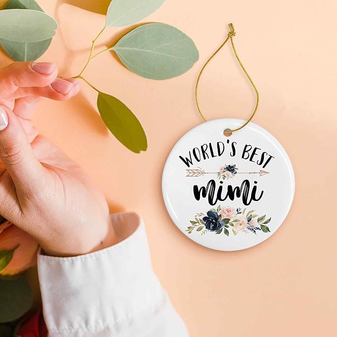 World's Best Mimi Ceramic Ornaments Gifts, Grandma Grandmother Round Hanging Ornament Decor Decorations for Christmas Tree Car, Thank You Appreciation Gifts for Mimi Birthday Holiday